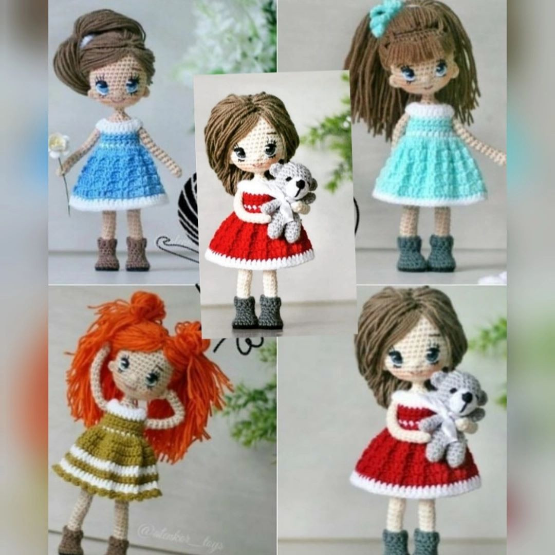 Hướng dẫn chi tiết cách móc búp bê Amigurumi nữ với váy nhiều màu sắc và gấu bông