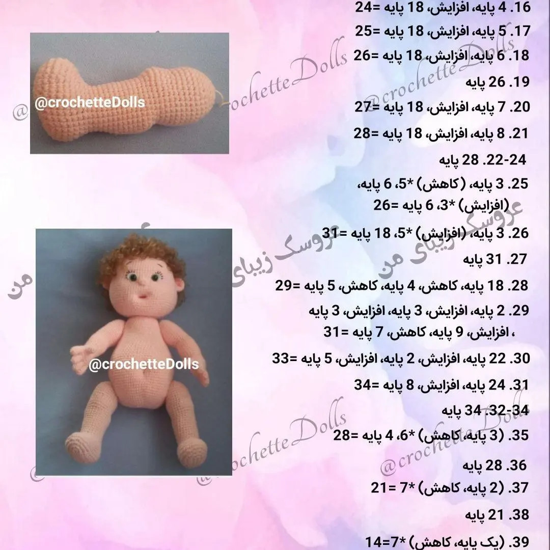Hướng dẫn chi tiết cách móc búp bê amigurumi tóc xoăn, bao gồm các bước làm đầu, tay và chân