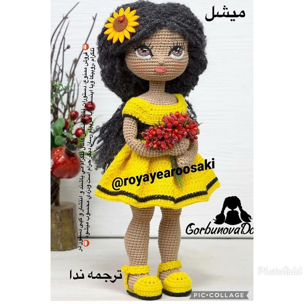 Hướng dẫn chi tiết cách móc búp bê Michal (GorbunovaDolls) với váy vàng, tóc đen và hoa hướng dương