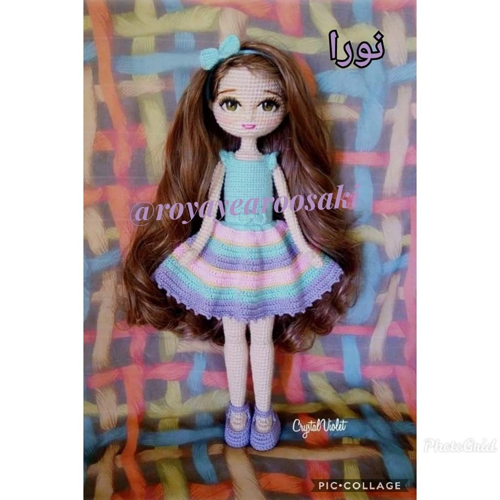 Hướng dẫn chi tiết cách móc búp bê Nora (Tora) với váy sọc nhiều màu và tóc dài