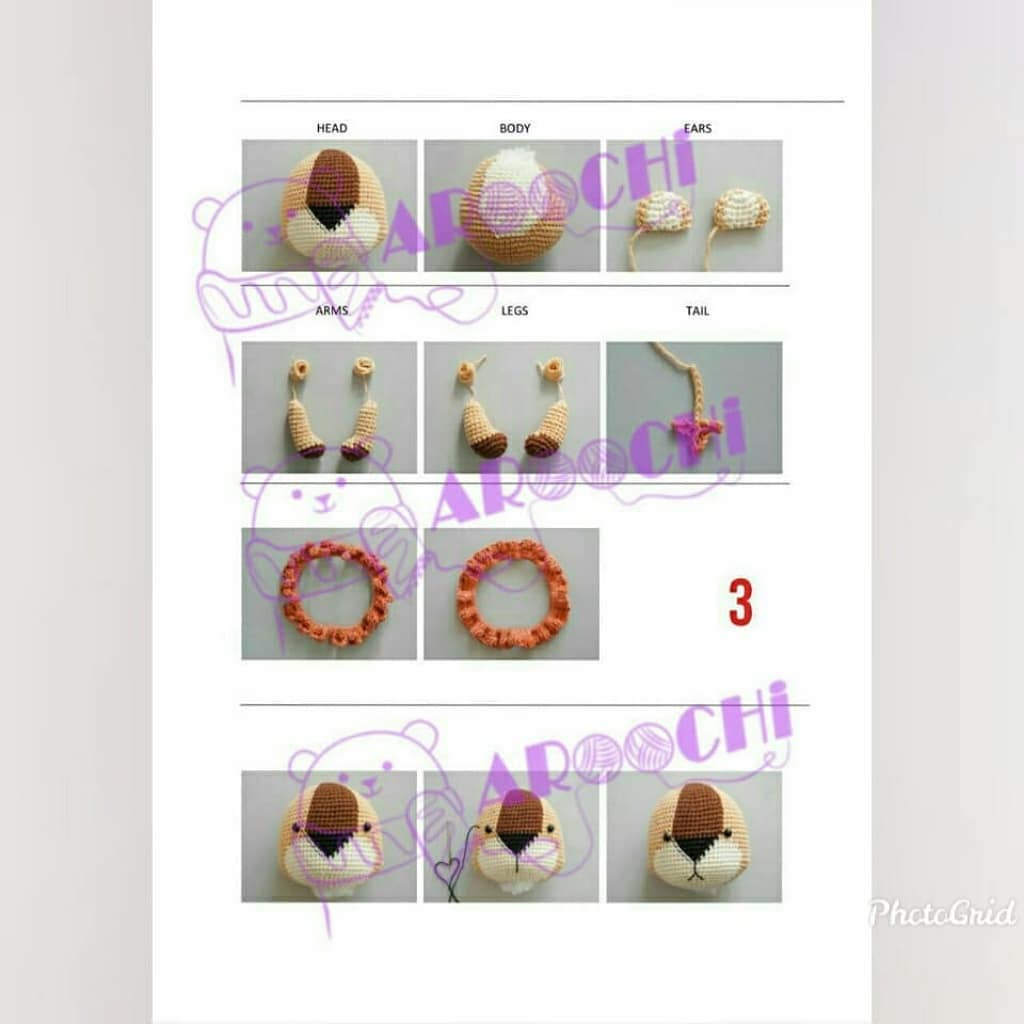 Hướng dẫn chi tiết cách móc búp bê sư tử Amigurumi với các màu kem, nâu và trắng kèm biểu đồ từng bước