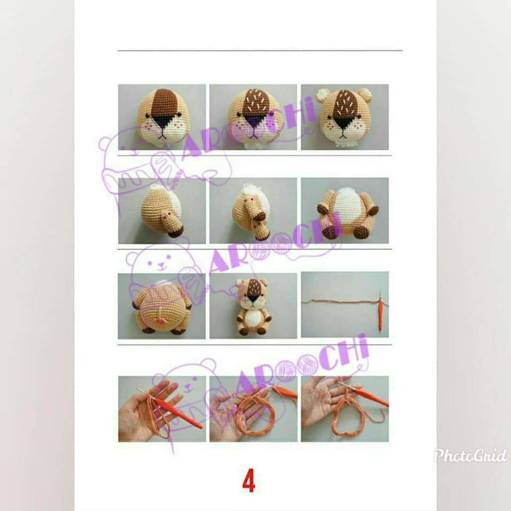 Hướng dẫn chi tiết cách móc búp bê sư tử Amigurumi với các màu kem, nâu và trắng kèm biểu đồ từng bước
