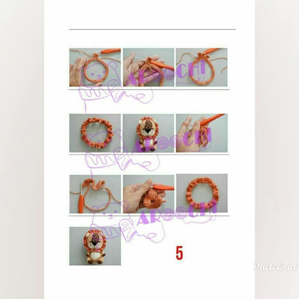 Hướng dẫn chi tiết cách móc búp bê sư tử Amigurumi với các màu kem, nâu và trắng kèm biểu đồ từng bước