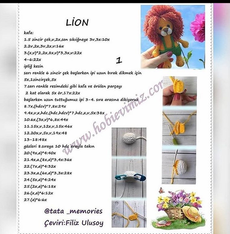 Hướng dẫn chi tiết cách móc búp bê sư tử (Lion) amigurumi dễ thương với bộ đồ màu xanh và váy hồng