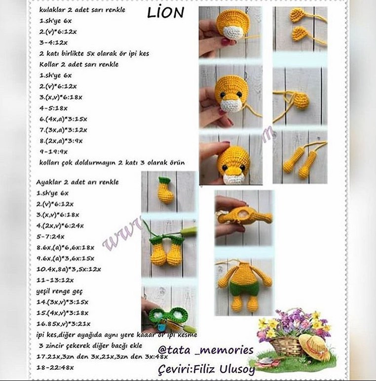 Hướng dẫn chi tiết cách móc búp bê sư tử (Lion) amigurumi dễ thương với bộ đồ màu xanh và váy hồng