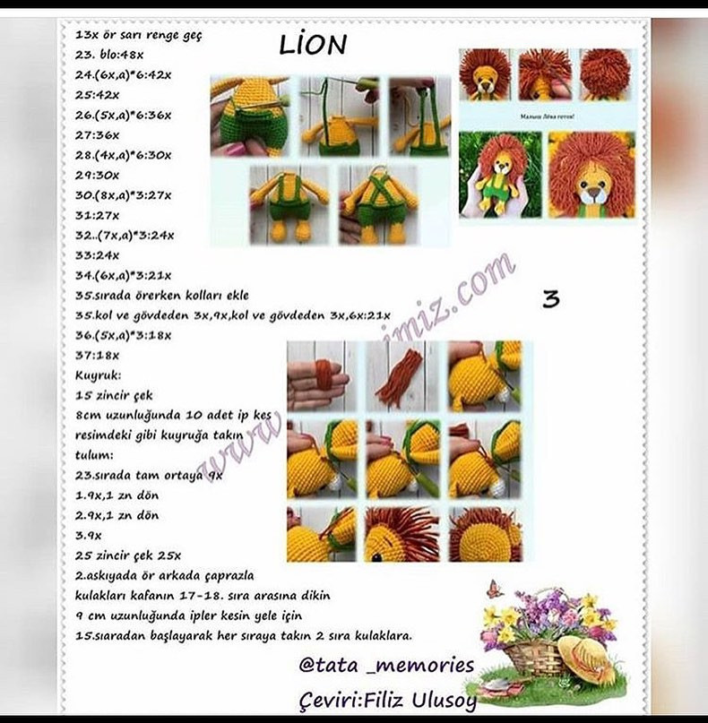 Hướng dẫn chi tiết cách móc búp bê sư tử (Lion) amigurumi dễ thương với bộ đồ màu xanh và váy hồng