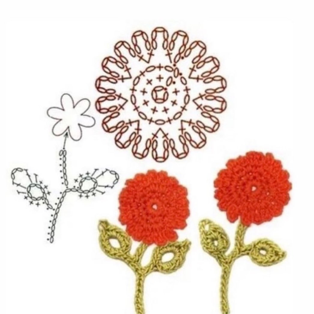 Hướng dẫn chi tiết cách móc các loại hoa trang trí đẹp mắt, bao gồm hoa tulip, hoa cẩm chướng và hoa cúc với bảng ký hiệu