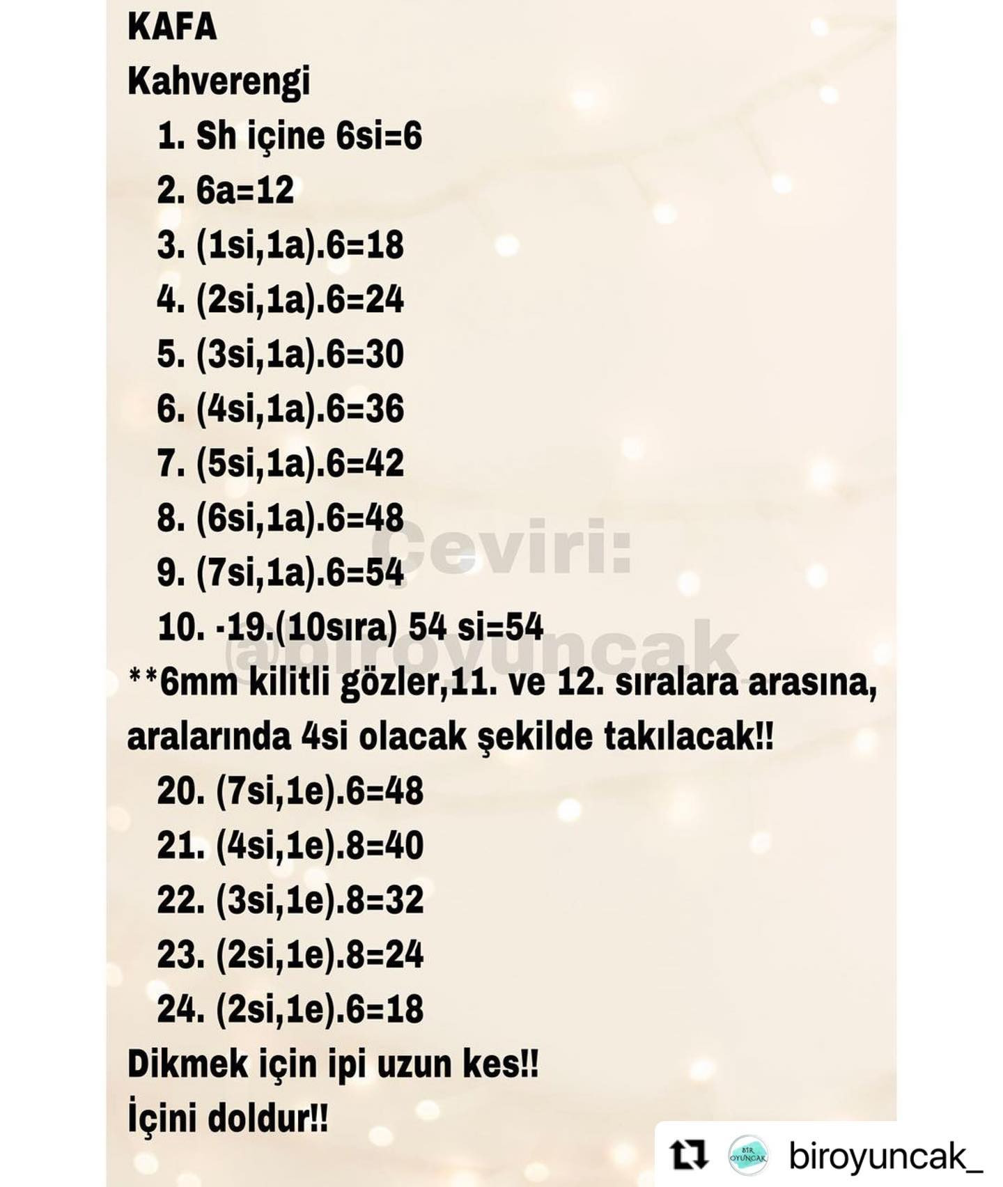 Hướng dẫn chi tiết cách móc gấu bông màu nâu (Kafa, Kulaklar, Kollar, Bacaklar ve Gövde)