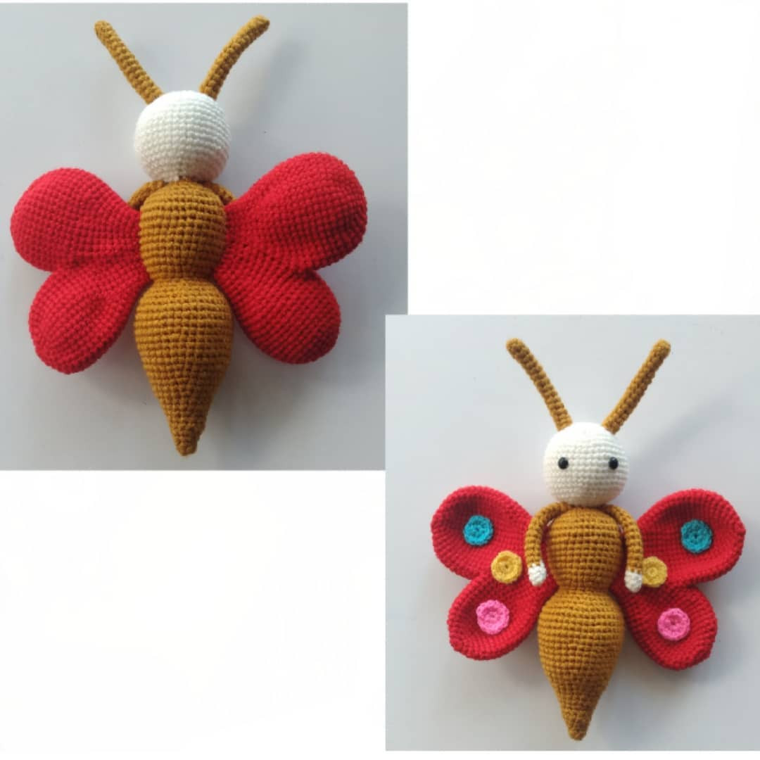 Hướng dẫn chi tiết cách móc len búp bê bướm amigurumi với thân màu vàng và cánh đỏ