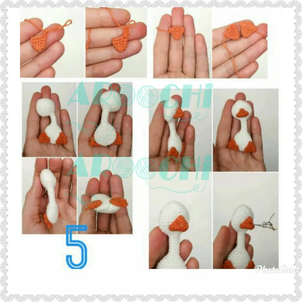 Hướng dẫn chi tiết cách móc len con chim bồ câu trắng và cam dễ thương, bao gồm các bước làm thân, đầu, cánh và chân