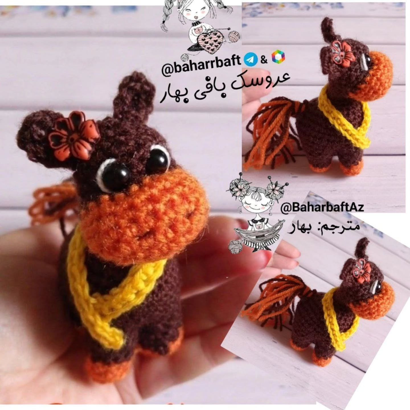 Hướng dẫn chi tiết cách móc len con ngựa nhỏ màu nâu cam, bao gồm danh sách nguyên liệu và các bước thực hiện từng phần