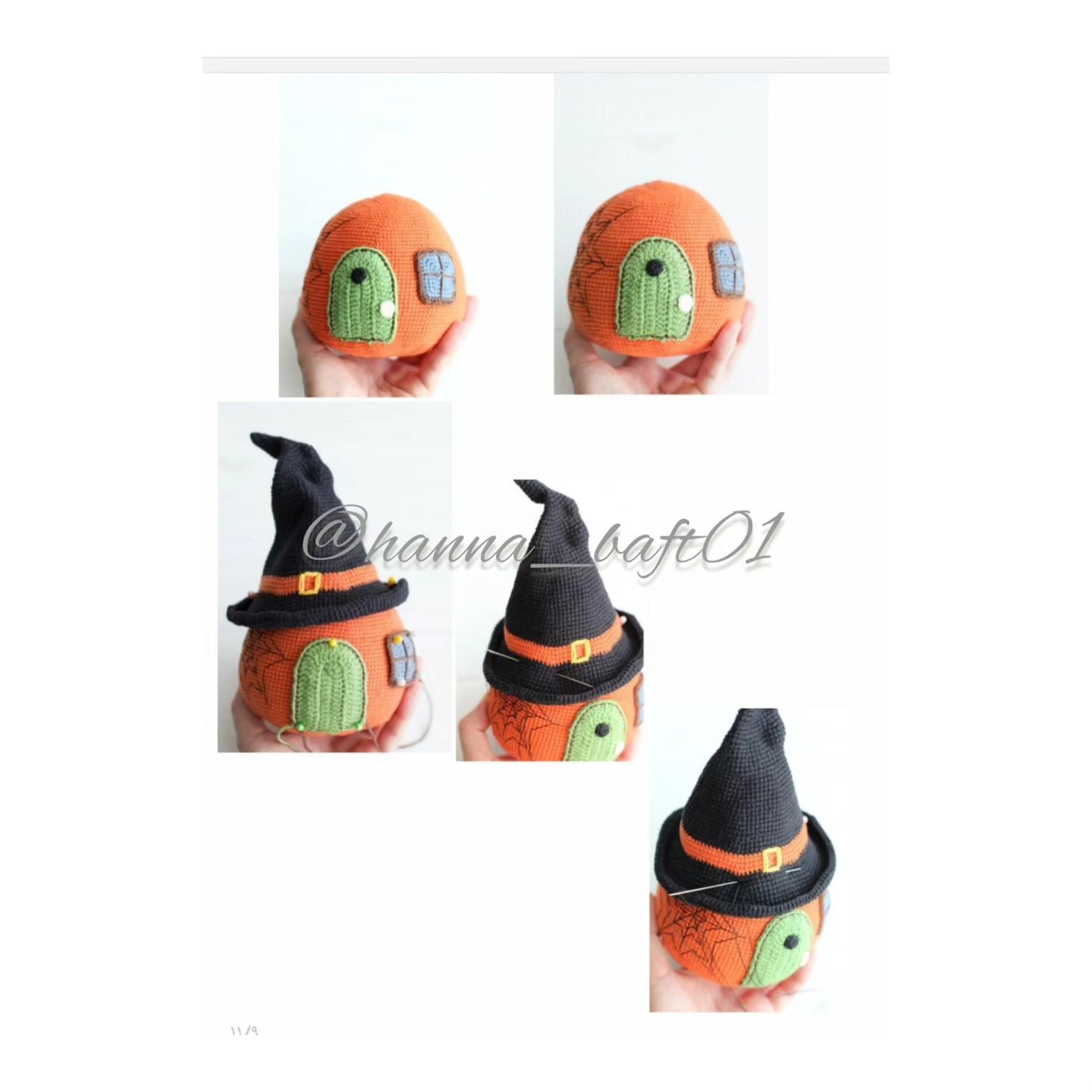 Hướng dẫn chi tiết cách móc len nhà bí ngô Halloween với mũ phù thủy màu cam và đen