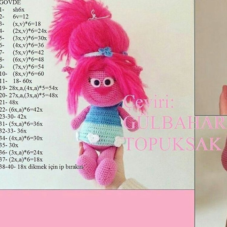Hướng dẫn móc búp bê Poppy tóc hồng từ phim Trolls, chart chi tiết từng phần