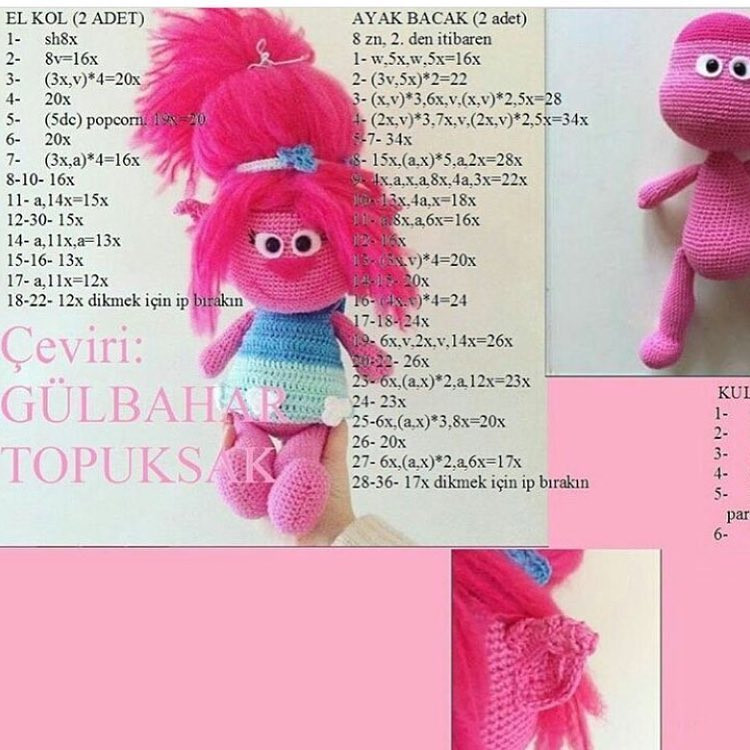 Hướng dẫn móc búp bê Poppy tóc hồng từ phim Trolls, chart chi tiết từng phần