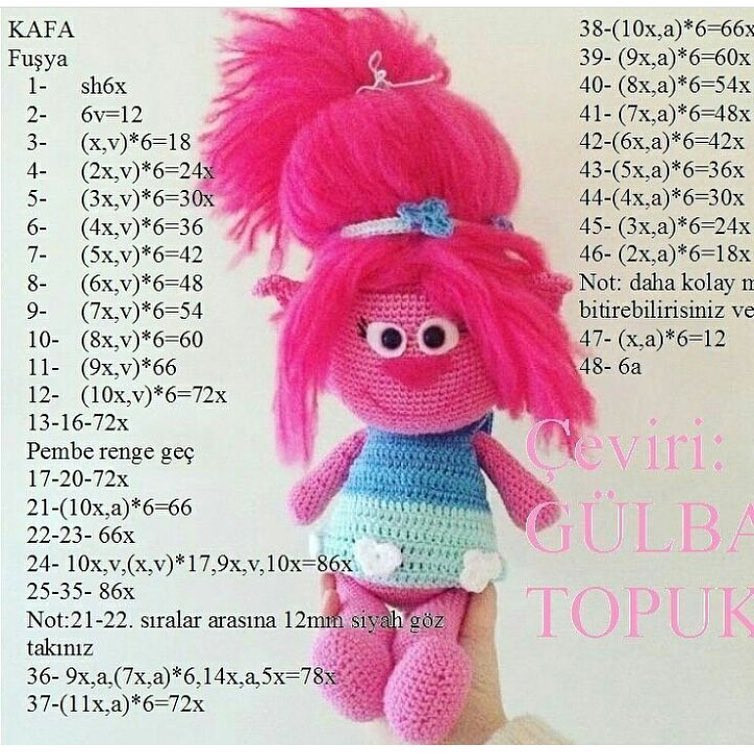 Hướng dẫn móc búp bê Poppy tóc hồng từ phim Trolls, chart chi tiết từng phần