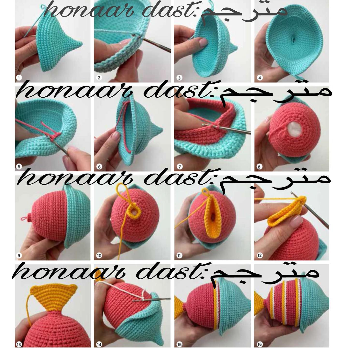 Hướng dẫn móc len búp bê cá biển nhiều màu sắc với phần đầu xanh và thân sọc hồng vàng