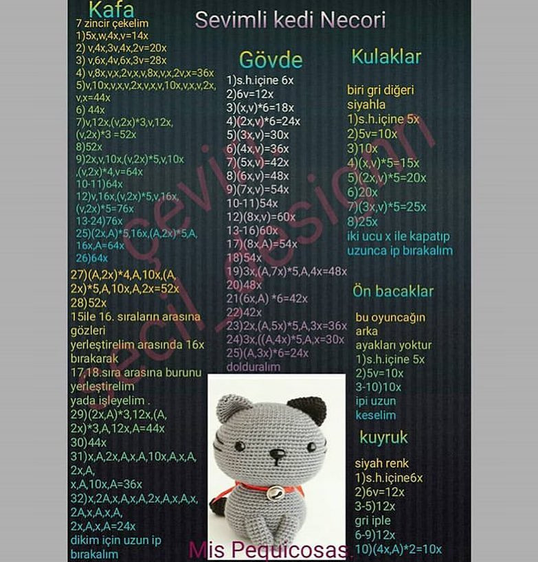 Hướng dẫn móc len búp bê mèo Necori xám, thiết kế Mis Pequicosas