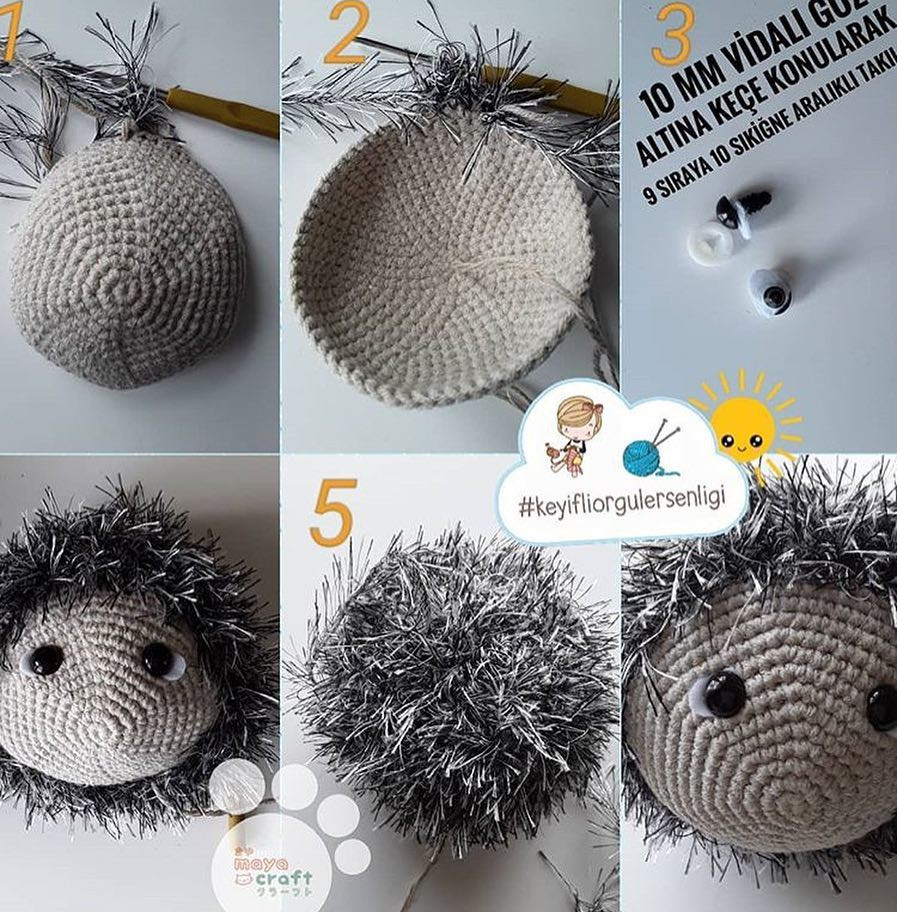 Hướng dẫn móc len búp bê nhím Mimi-chan với lông xù và mắt đen