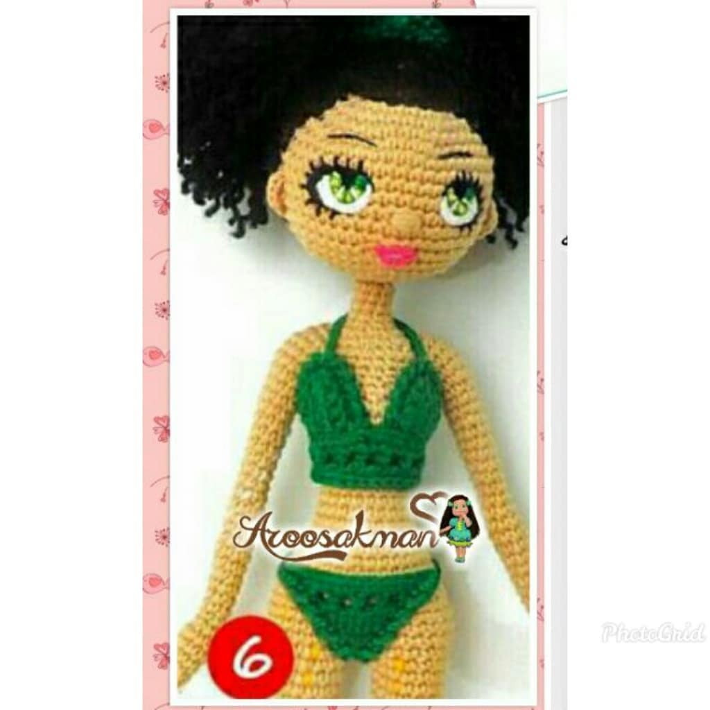 Hướng dẫn móc len búp bê tóc xoăn mặc bikini màu xanh lá cây
