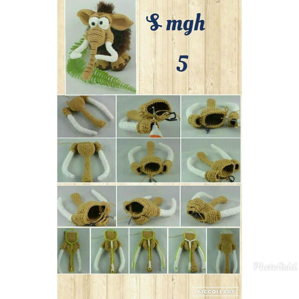 Hướng dẫn móc len búp bê voi mammoth màu nâu và trắng chi tiết từng bước