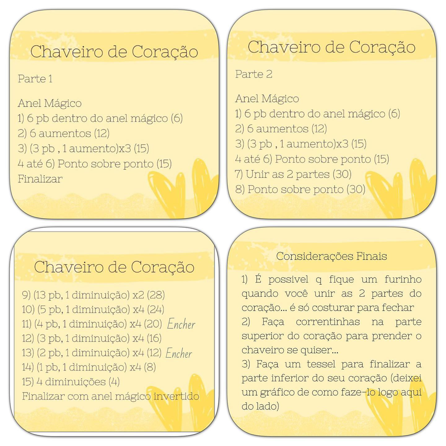 Hướng dẫn móc len Chaveiro de Coração màu vàng kèm tua rua