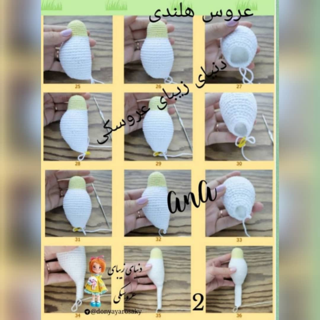 Hướng dẫn móc len chim Eروس (Cockatiel) màu vàng trắng, bao gồm bảng chỉ dẫn chi tiết từng hàng và hình ảnh minh họa