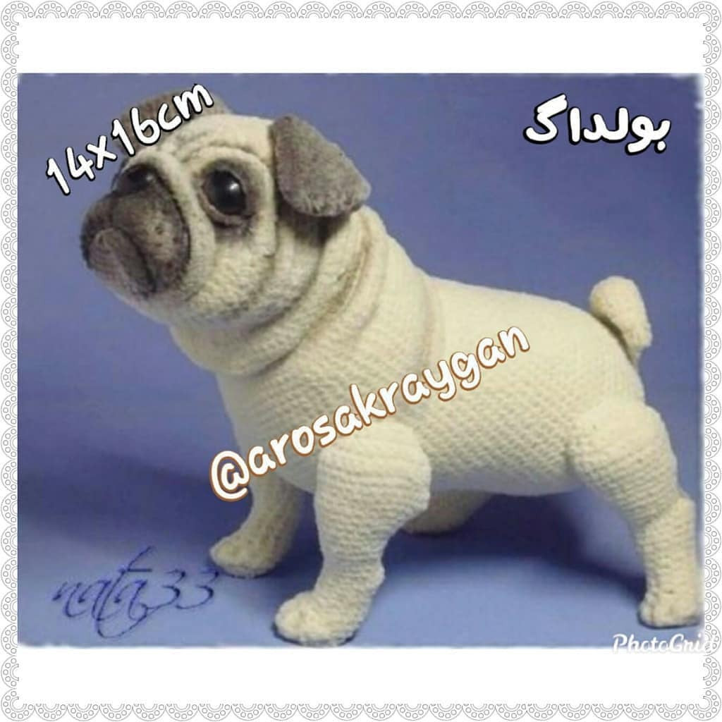 Hướng dẫn móc len con chó Pug (Buldog) Amigurumi, bao gồm bảng chỉ dẫn chi tiết từng hàng và hình ảnh minh họa cách làm các bộ phận