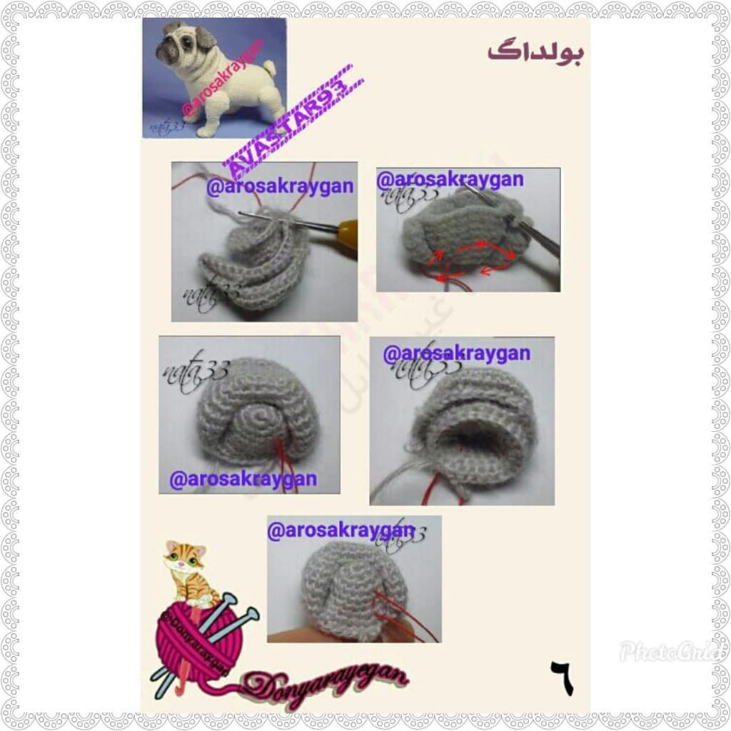 Hướng dẫn móc len con chó Pug (Buldog) Amigurumi, bao gồm bảng chỉ dẫn chi tiết từng hàng và hình ảnh minh họa cách làm các bộ phận