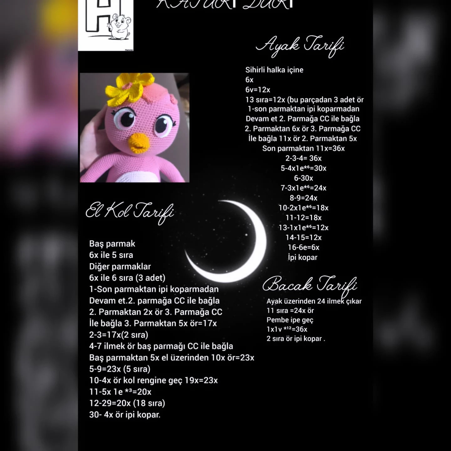 Katuri Duri Amigurumi Pattern: Cute Pink Chicken Doll with Yellow Flower, Detailed Turkish Crochet Instructions