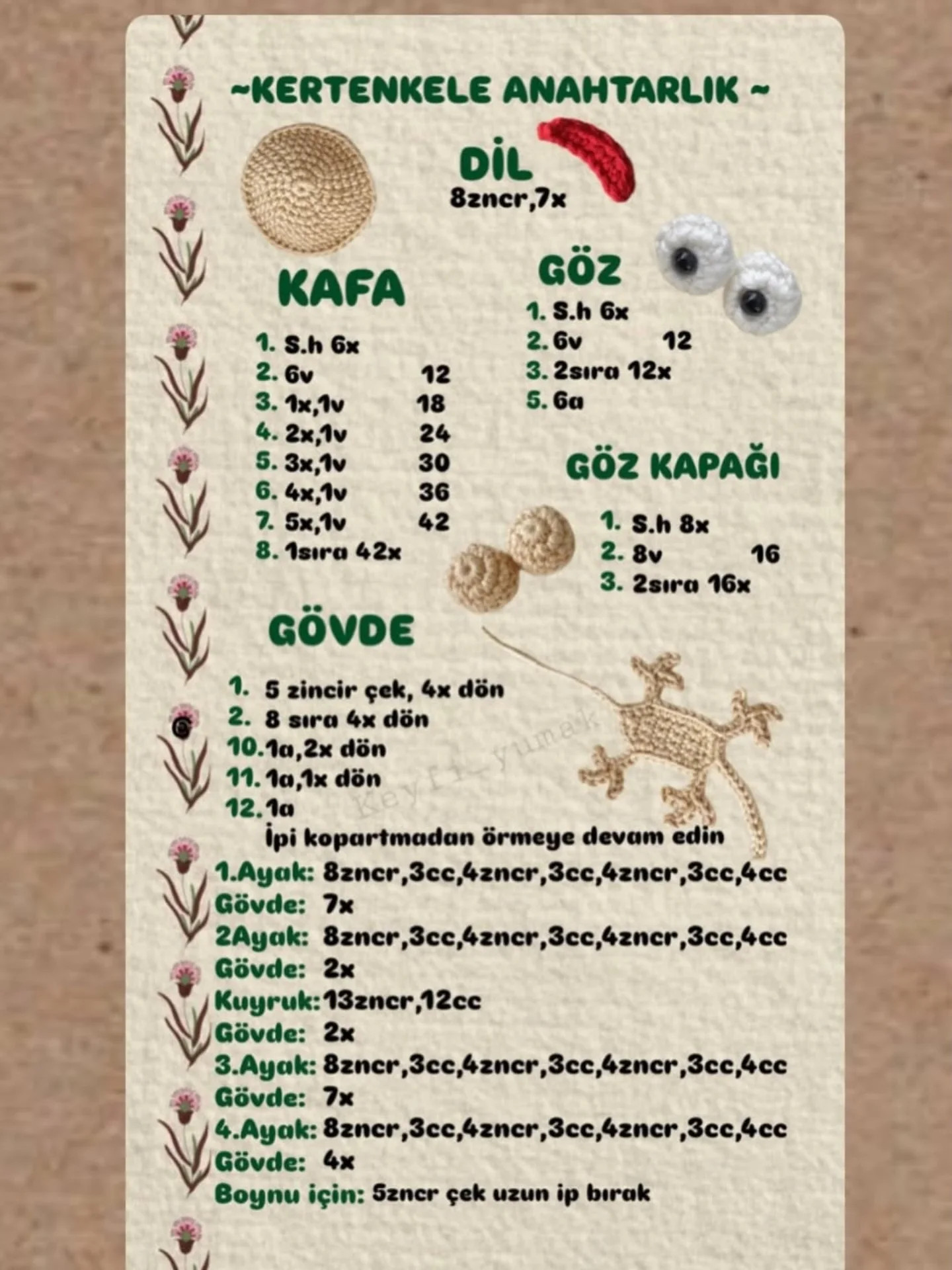 Kertenkele Anahtarlık Örgü Tarifi - Ücretsiz Kertenkele Amigurumi Pattern