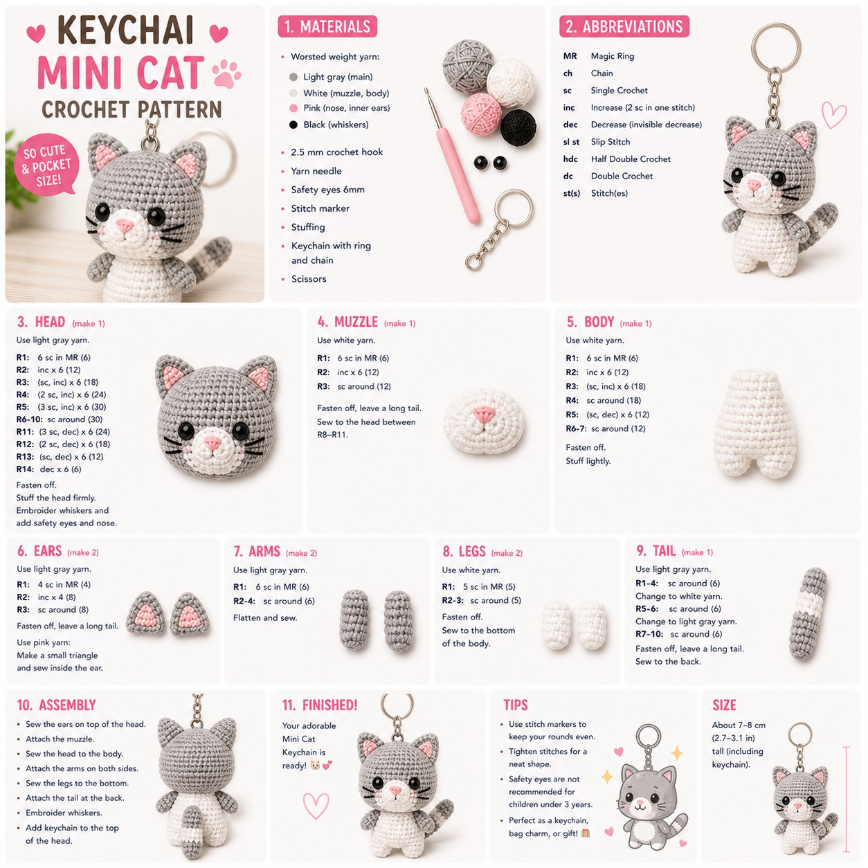 Keychai Mini Cat Crochet Pattern: Free Chart for Cute Gray and White Amigurumi Keychain