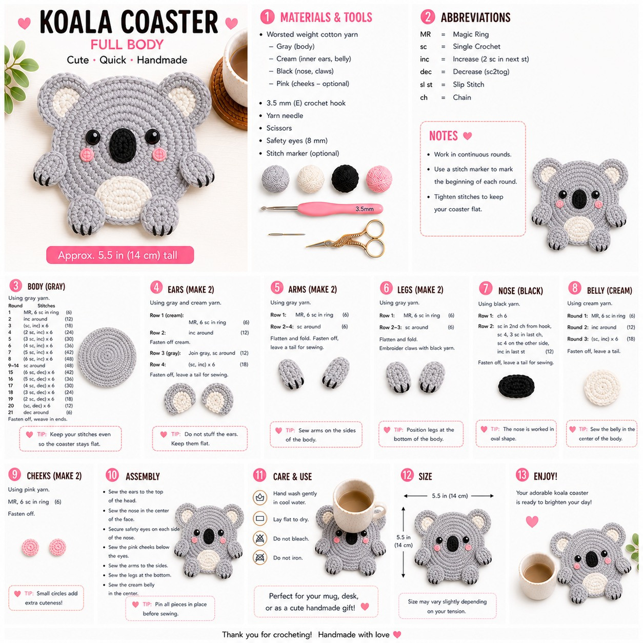 Koala Coaster Full Body Free Crochet Pattern