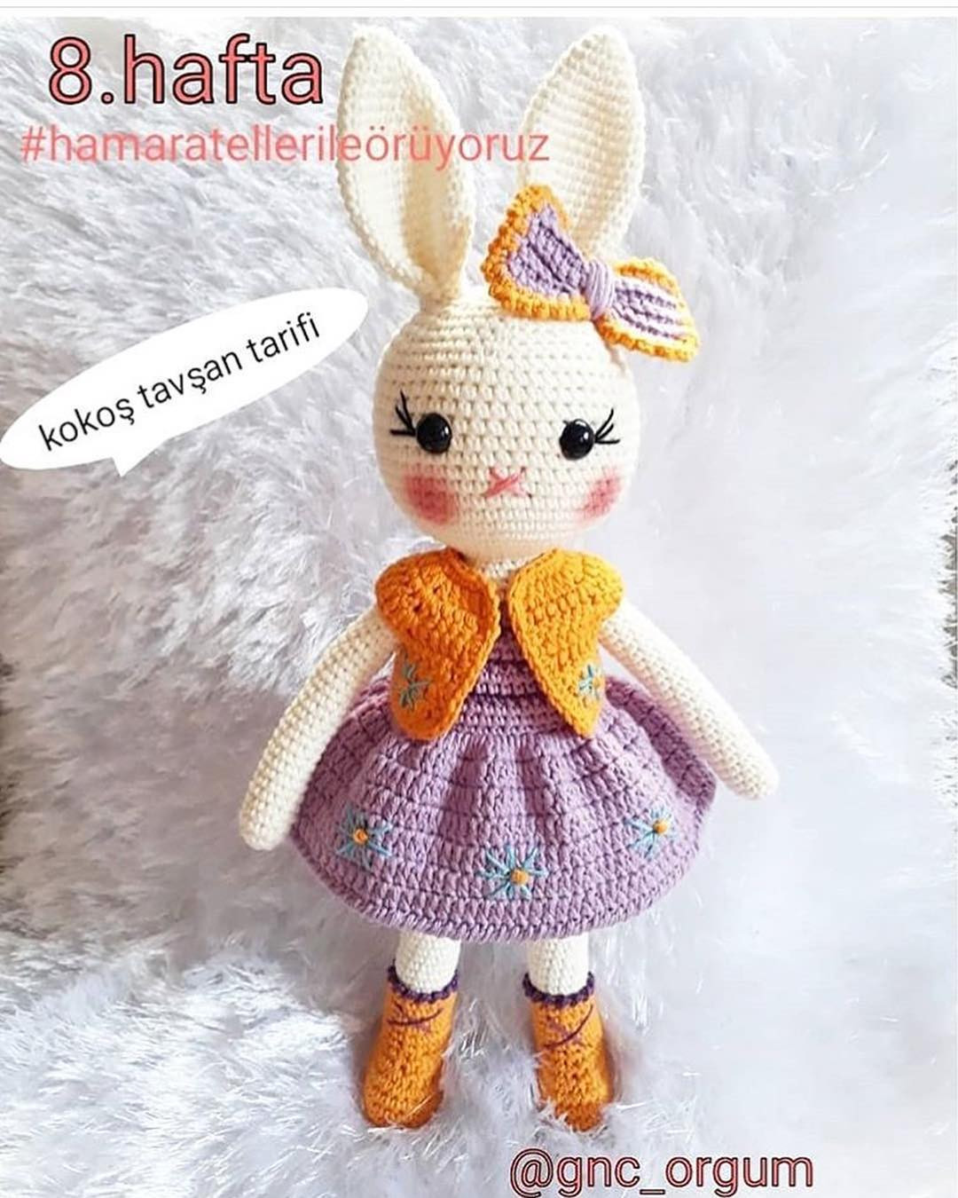 Kokoş Tavşan Tarifi: Amigurumi Rabbit Doll Pattern with Purple Dress and Orange Bow