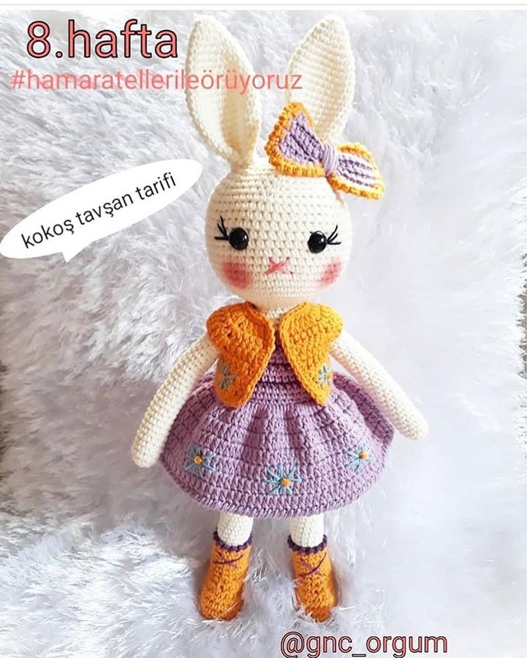 Kokoş Tavşan Tarifi: Amigurumi Rabbit Doll Pattern with Purple Dress and Orange Bow