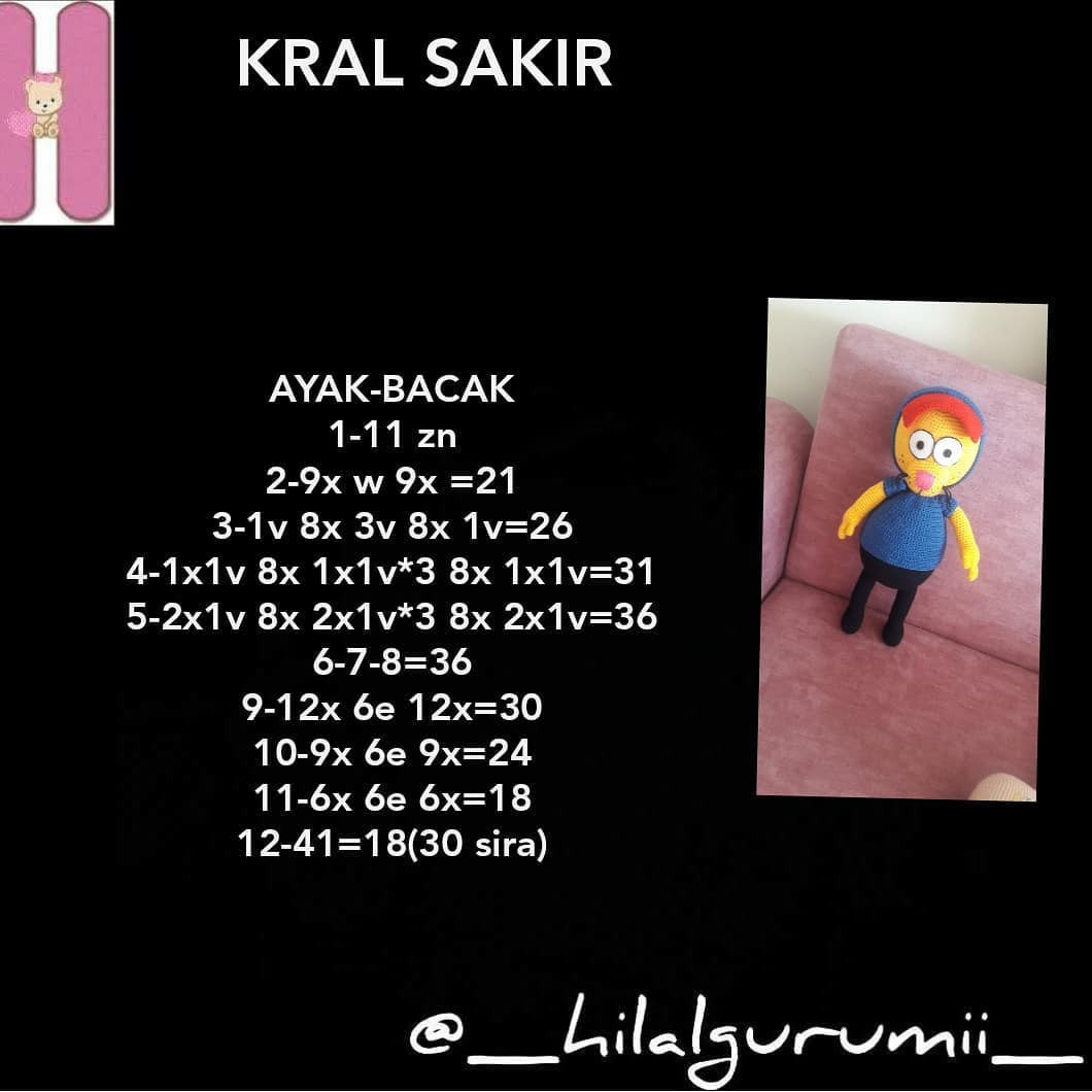 Kral Şakir Ücretsiz Amigurumi Tarifi: Ayak, Bacak, Gövde ve T-Shirt Kol İncelemesi