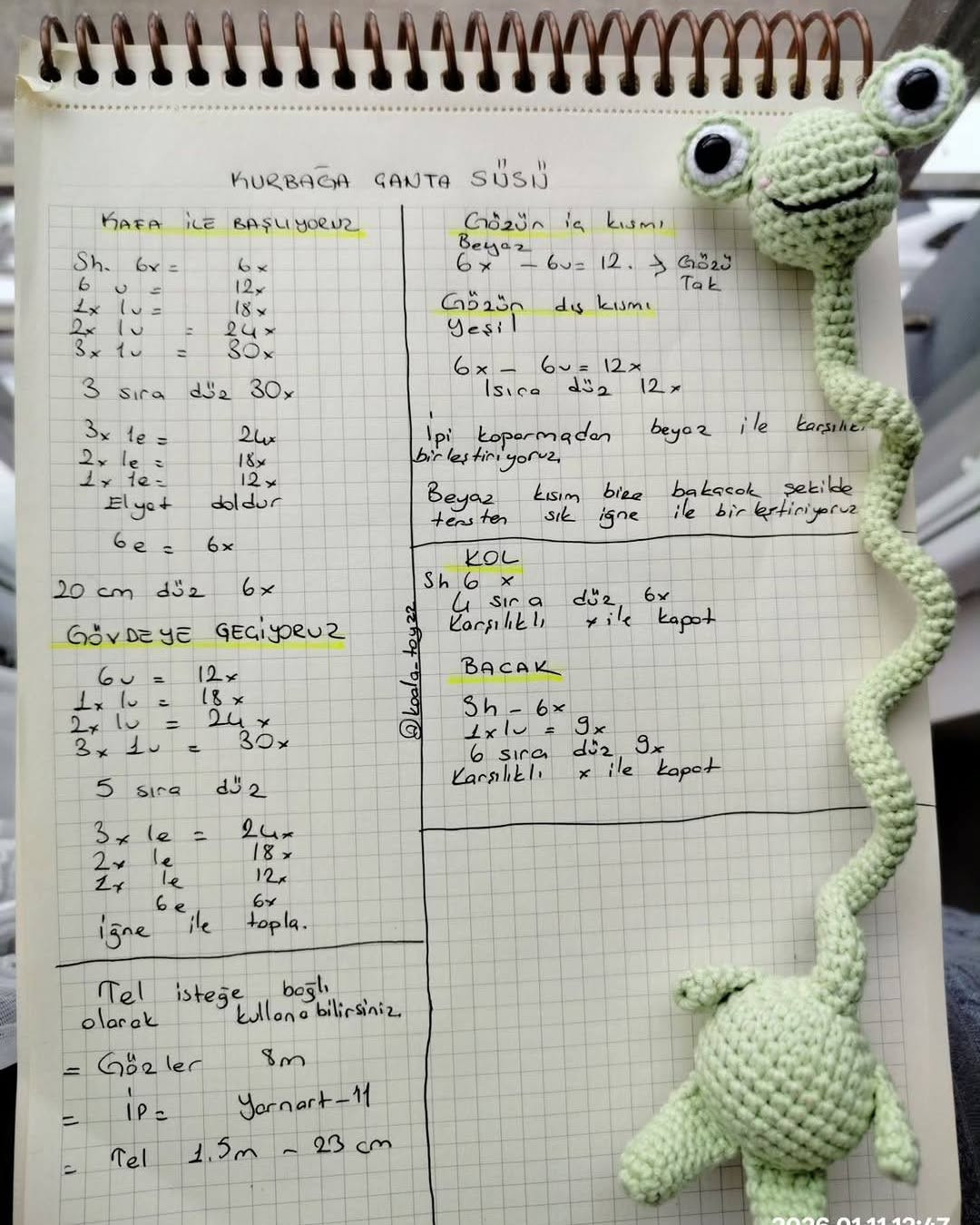 Kurbağa çanta süsü amigurumi tarifi - Manken bağlama krokisi