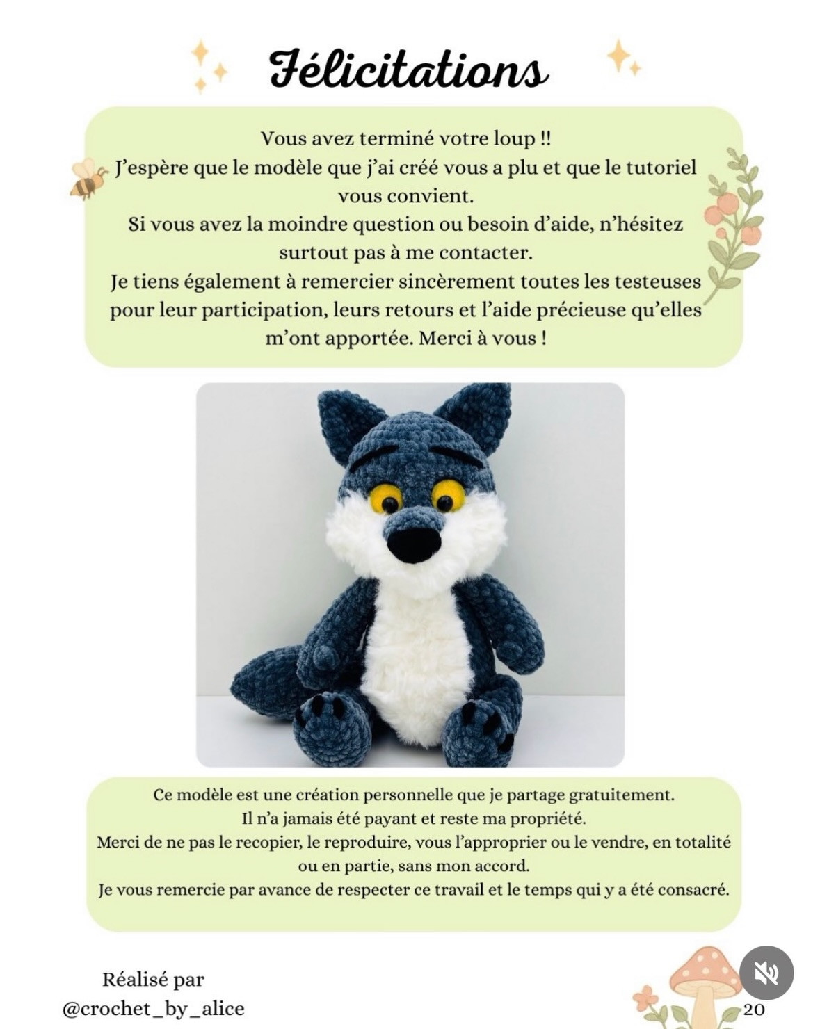 Le loup le mal aimé - Patron gratuit de crochet pour balle en chenille et laine effet fourrure