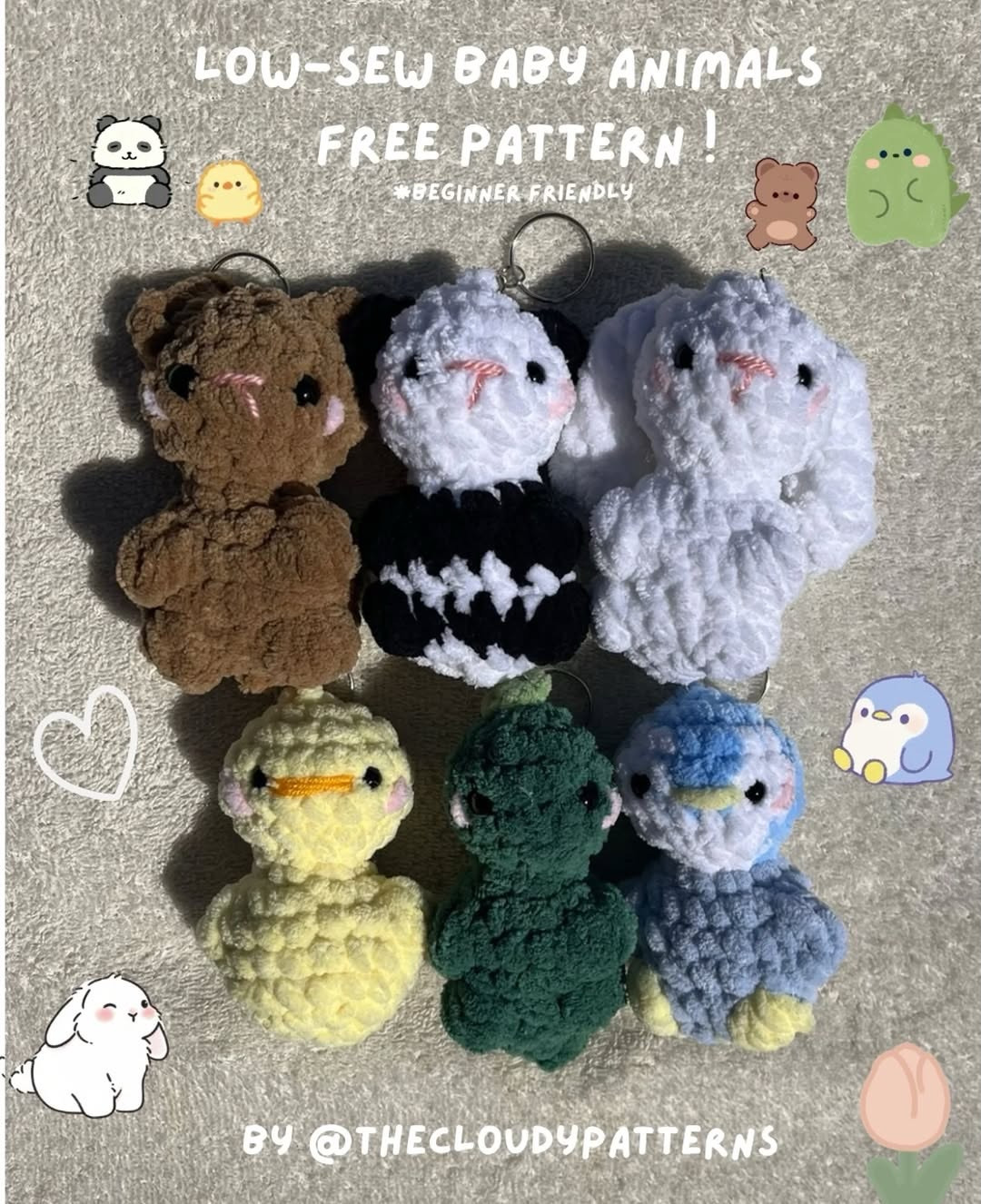 Low-Sew Baby Animals Free Crochet Pattern: Cute Chenille Yarn Amigurumi Keychains (Bear, Panda, Bunny, Duck, Dino, Penguin)