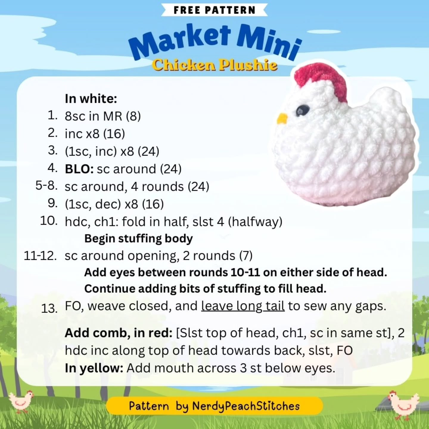 Market Mini Chicken Plushie Free Crochet Pattern by NerdyPeachStitches - White and Stardew Valley Blue Version