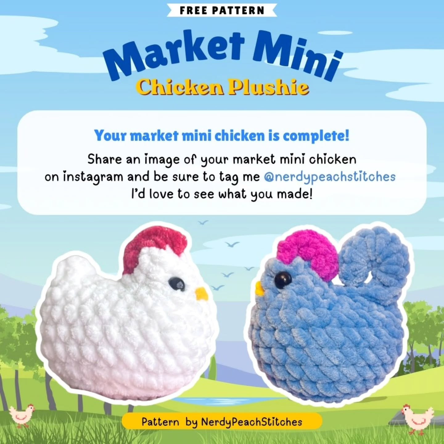 Market Mini Chicken Plushie Free Crochet Pattern by NerdyPeachStitches - White and Stardew Valley Blue Version