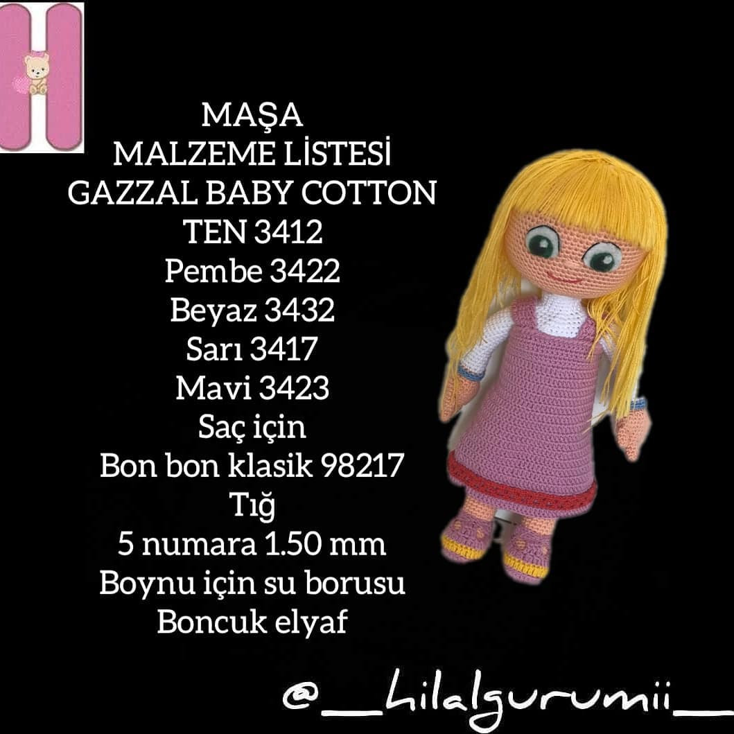 Maşa Amigurumi Tarifi - Pembe Elbise ve Sarı Saçlı Bebek Örgü Şeması