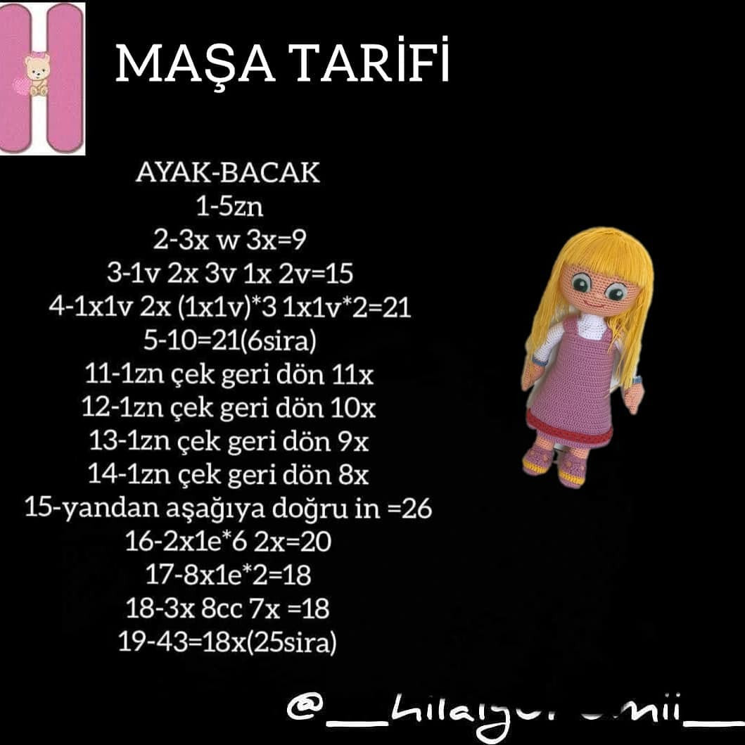Maşa Amigurumi Tarifi - Pembe Elbise ve Sarı Saçlı Bebek Örgü Şeması