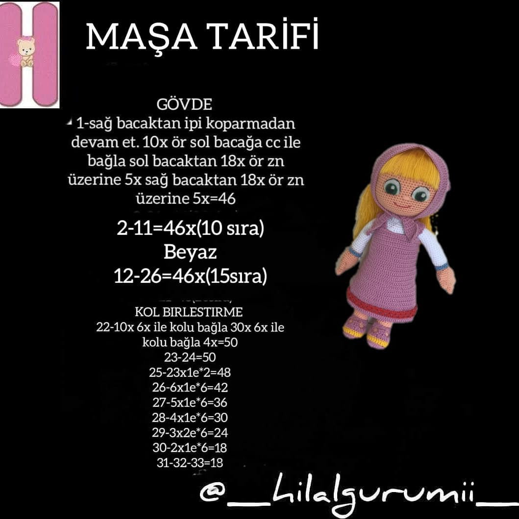 Maşa Amigurumi Tarifi - Pembe Elbise ve Sarı Saçlı Bebek Örgü Şeması