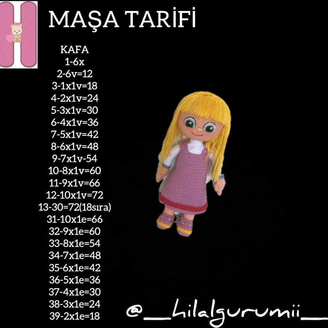 Maşa Amigurumi Tarifi - Pembe Elbise ve Sarı Saçlı Bebek Örgü Şeması