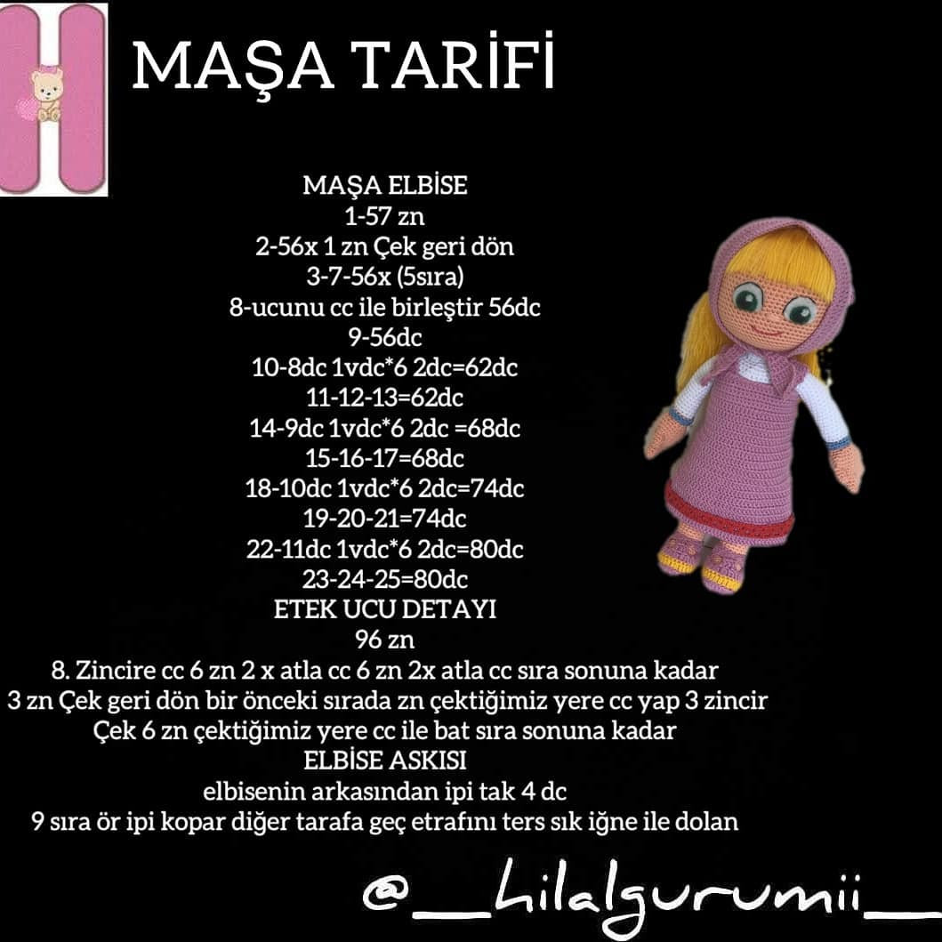 Maşa Amigurumi Tarifi - Pembe Elbise ve Sarı Saçlı Bebek Örgü Şeması