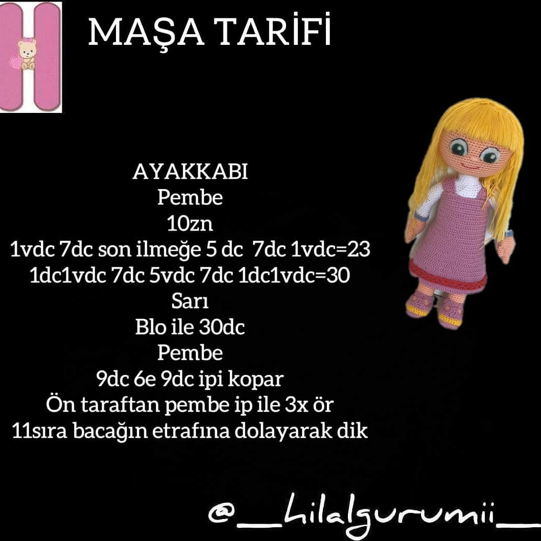 Maşa Amigurumi Tarifi - Pembe Elbise ve Sarı Saçlı Bebek Örgü Şeması