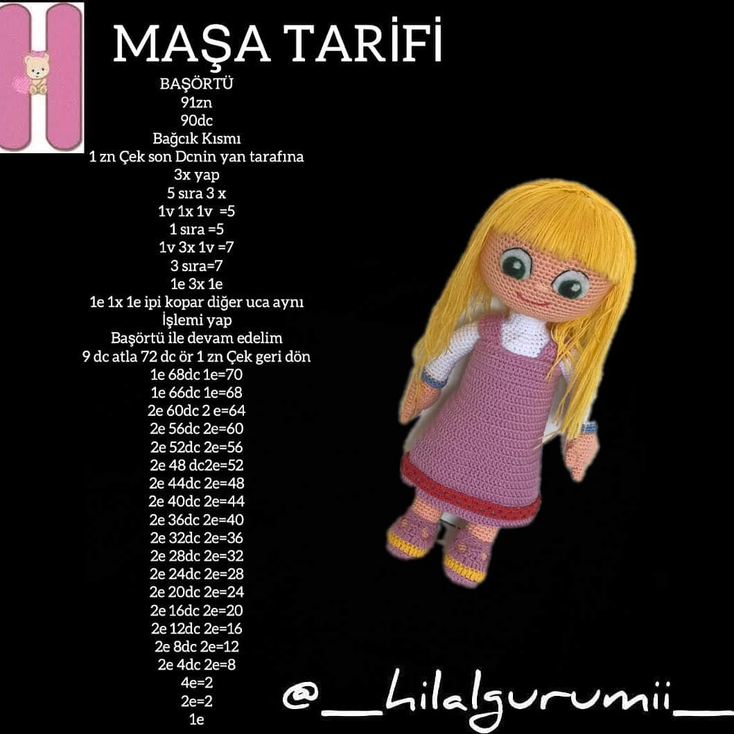 Maşa Amigurumi Tarifi - Pembe Elbise ve Sarı Saçlı Bebek Örgü Şeması