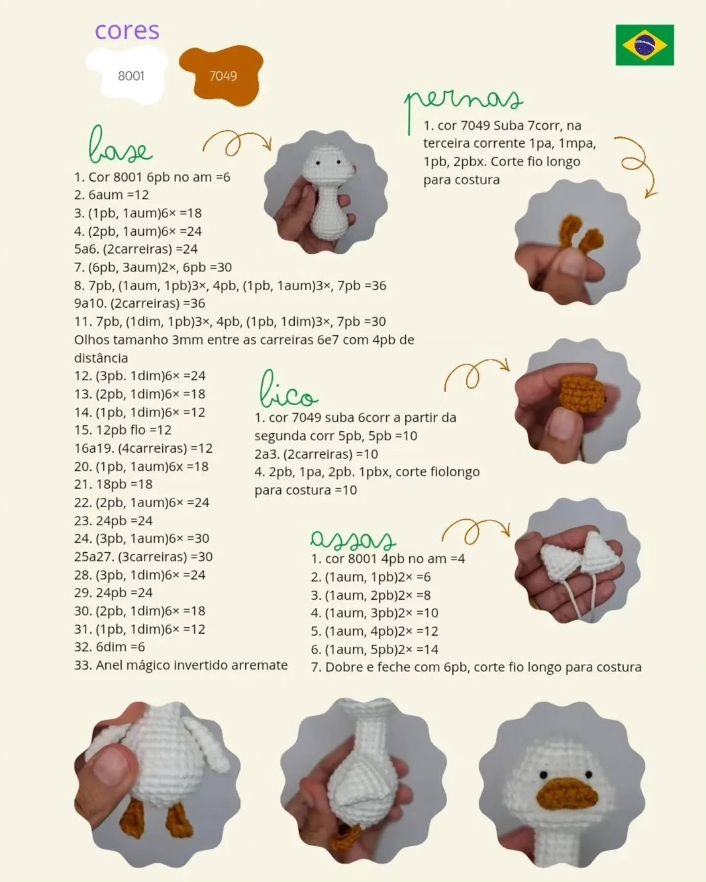 Mẫu móc len ganso (gà trống) amigurumi miễn phí, màu trắng và cam