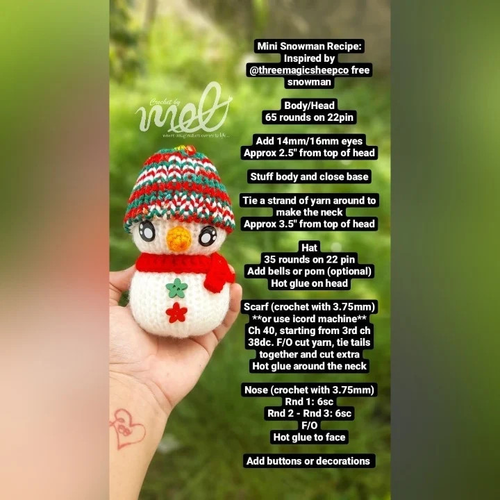 Mini Snowman Crochet Recipe Pattern with Hat and Scarf Instructions
