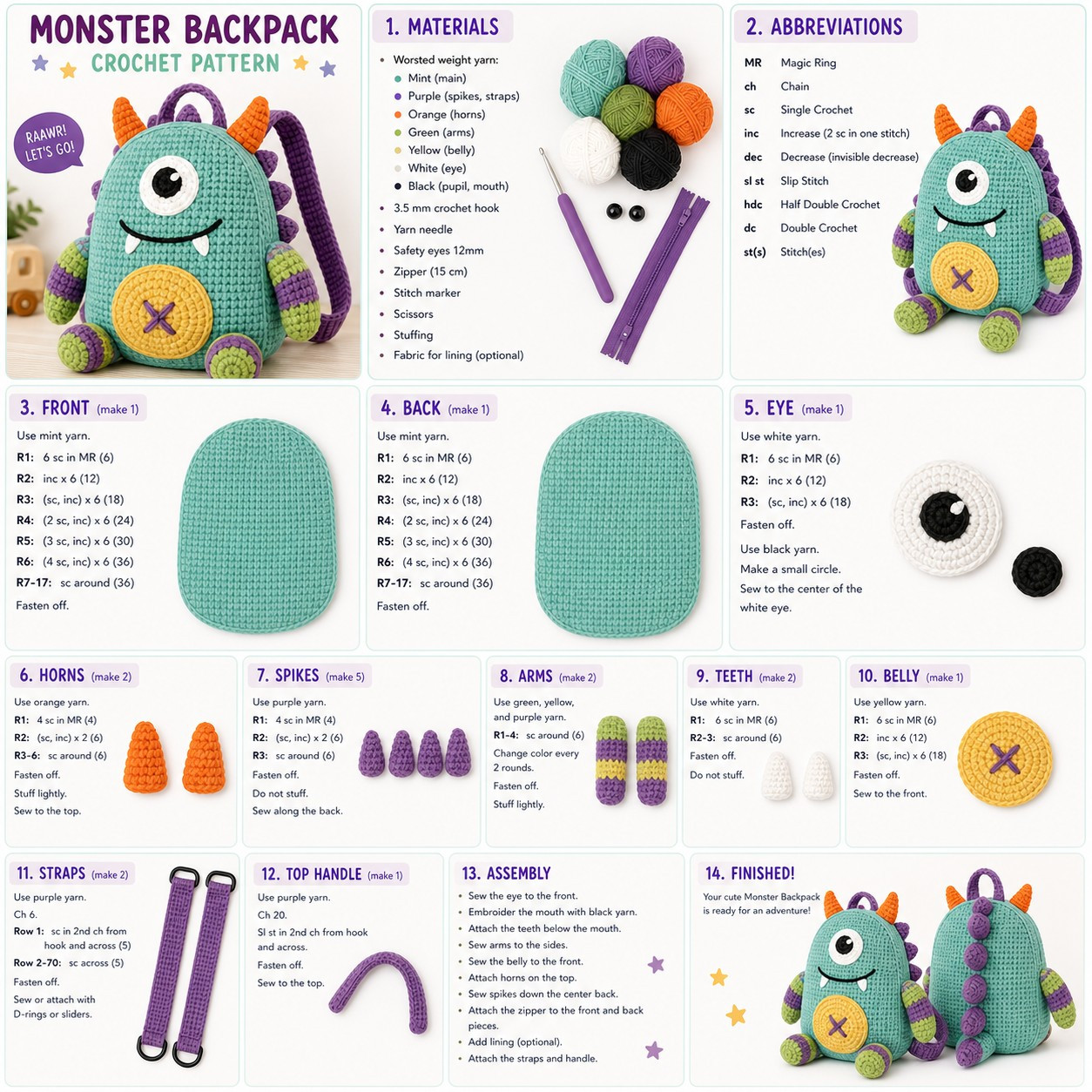 Monster Backpack Amigurumi Crochet Pattern Tutorial